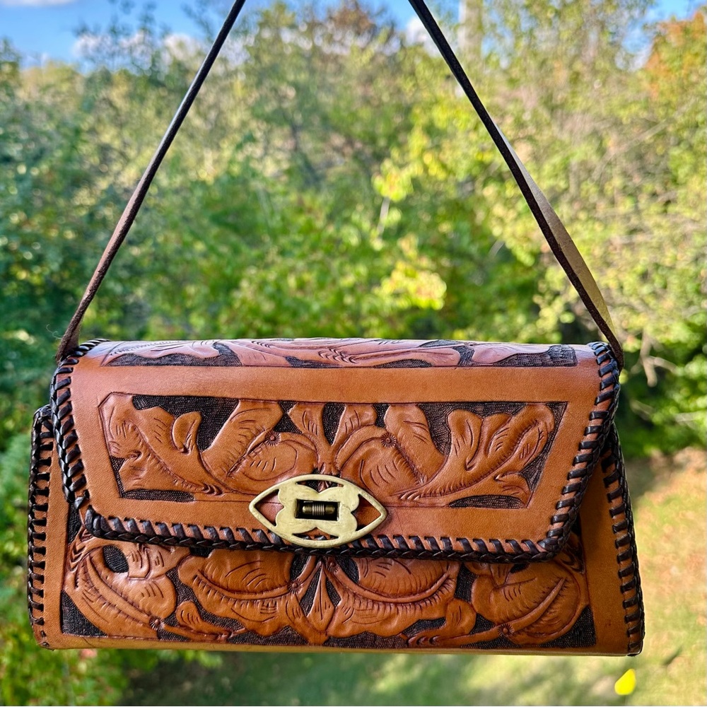 Vintage Hand-Tooled Structured Leather Shoulder Bag Purse